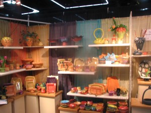This display showcases bright colors and shiny glazes.